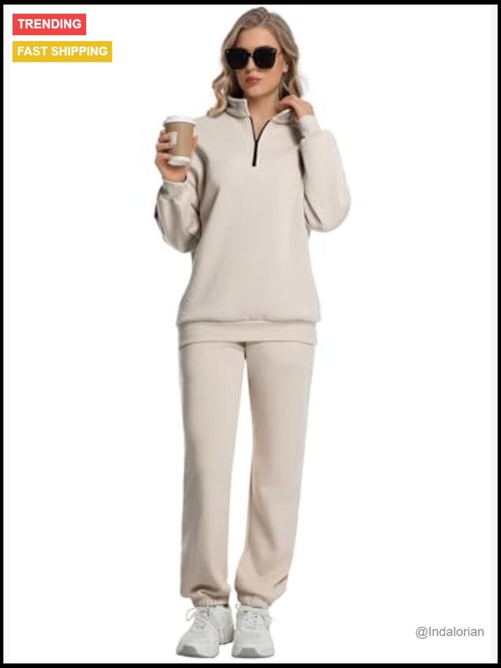 Women's 2 Piece Lounge Set Half Zip Pullover Baggy Sweatpants with Pockets - Picture 6 of 6